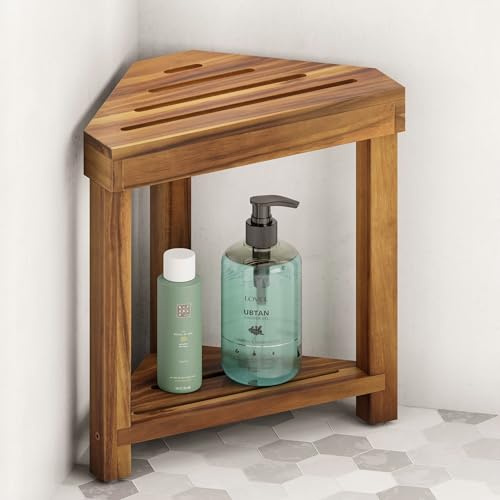 BLUEWEST Reposapiés de ducha, taburete de ducha de esquina, taburete de ducha de madera para afeitarse las piernas, reposapiés de ducha impermeable con estante de almacenamiento para pequeños espacios