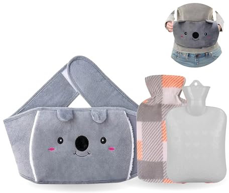 Straame Adjustable Wearable Hot Water Bottle Belt – 1L, 65 inches (165 cm) – Cozy Koala for Period Cramps, Back, Neck & More – Hands-Free Pain Relief – Included Hot Water Bottle, Belt & Cover (Grey)