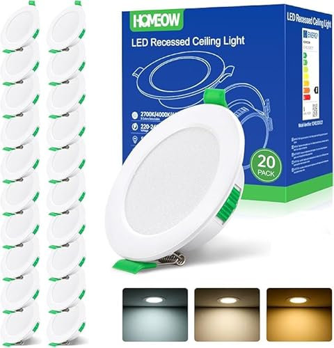 HOMEOW Lot de 20 Spot Led Encastrable Extra Plat, 5w Spot Encastrable Led 68mm - 78mm Découpe, Blanc Chaud 2700K Blanc Neutre 4000K Blanc Froid 6000K Spot Salle de Bain IP44 pour Cuisine