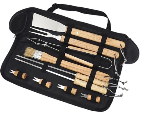 Set Utensili Barbecue - Set da 10 Pezzi con Manico in Legno | Utensili Cottura Acciaio Inossidabile con Paletta e Pinze per Uomo Papà Compleanno