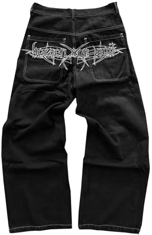 Mens Jeans for Men,Loose Fit Baggy Wide Leg Denim Embroidered Pants Smart Straight Leg Trousers Hip Hop Heavy Duty Sweatpants with Pockets Black M