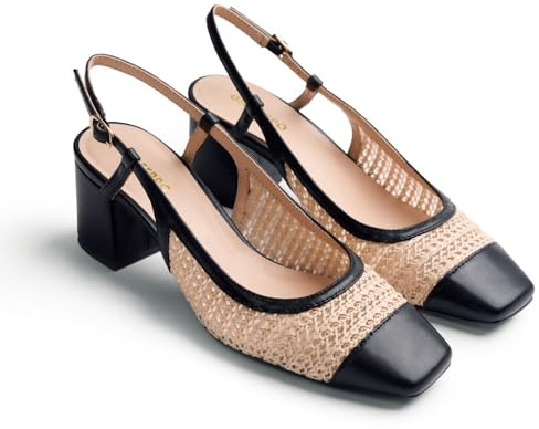 Gioseppo MUNKEDAL - Zapatos de Tacón Estilo Salones Destalonados con Rafia y Forro de Rejilla, Punta Cuadrada, Tacón Bloque, Correa Ajustable en el Tobillo, Color Negro, Talla 40