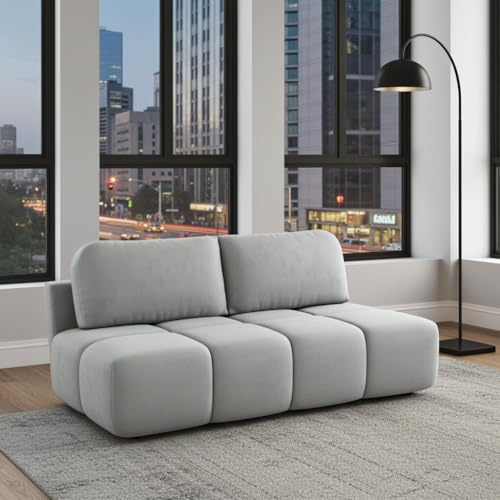 DMSM Schlafsofa Emma, Grau, Samt, 195 cm, mit Bettfunktion und Bettkasten, Modern, Wohnzimmer und Gästezimmer, Rechteckig, Kissen