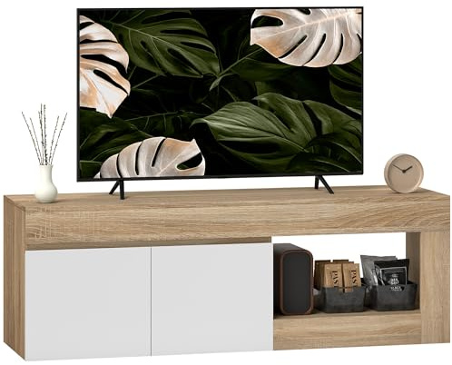 HOMCOM Mobile TV, Mobile Porta TV Fino a 60 con Armadietto 2 Ante Soft Close e Ripiano Aperto, Mobiletto per Televisore per Soggiorno, Camera da Letto e Salotto, 140x40x48 cm, Bianco e Color Legno
