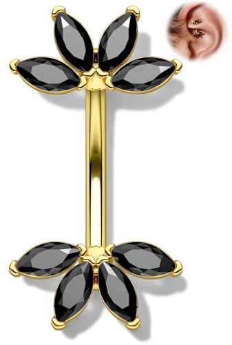 OUFER Lotus Rook - Piercing de acero quirúrgico de 16 g, barra para cejas, color negro transparente, circonita cúbica, plata, oro, cartílago, hélix, tragus, barra curvada, barra vertical de 6 mm