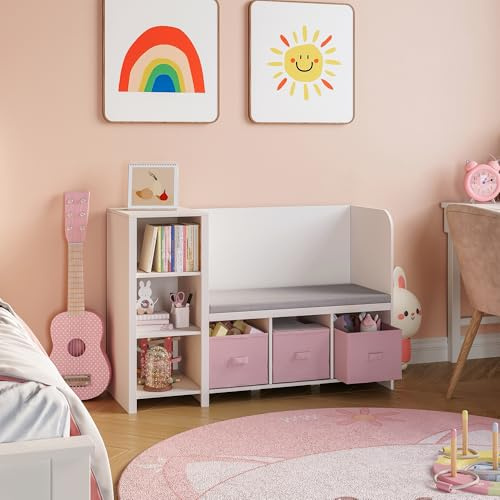 [en.casa] Estantería Infantil Høylandet con Banco y Compartimentos Organizador Zapatero para Niños con Cojín y Cajas Extraíbles 76 x 112 x 40 cm - Blanco/Rosa
