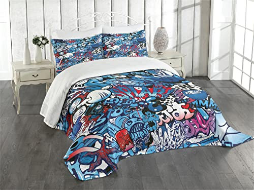 ABAKUHAUS Modern Tagesdecke Set, Graffiti Street Art, Set mit Kissenbezug luftdurchlässig, für Einzelbetten 170 x 220 cm, Bordeauxrot Blau