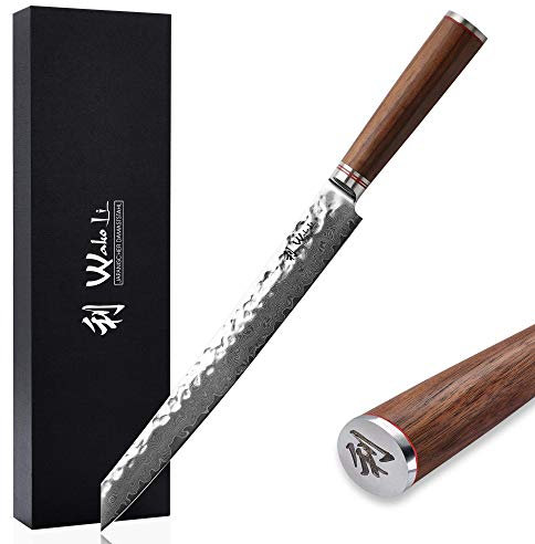 Wakoli Nussbaum Premium Tranchier- & Fleischmesser mit 27,5 cm Klinge gefertigt aus 67 Lagen echtem Damaststahl mit Nussbaumholzgriff I Damastmesser Küchenmesser und Profi Kochmesser