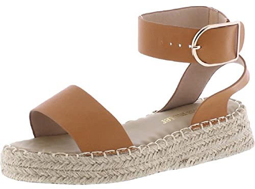 Olivia Miller Damen Schuhe, Mandel Strand Breite Zehe & Knöchelriemen Espadrille Plateau Keilsandalen, Cognac, 42 EU