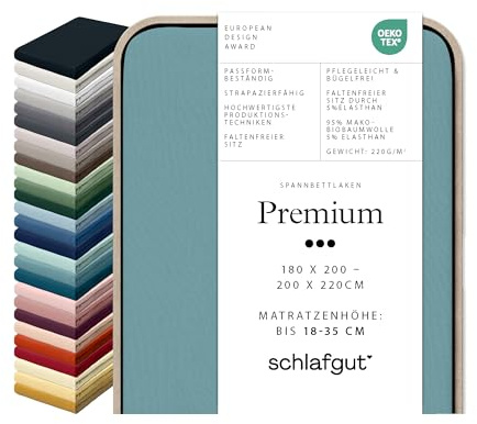 Schlafgut Premium Spannbettlaken 95% Mako Bio Baumwolle & 5% Elasthan Made in Green by Oeko Tex (180x200cm bis 200x220cm Matratzenhöhe von 18 bis 35 cm, Petrol Mid)