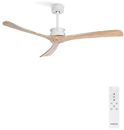 CREATE / WINDLARGE/Deckenventilator Weiß Naturholzflügel mit Fernbedienung/XL, 40W, Leise, Ø152 cm, 6 Geschwindigkeiten, Timer, DC-Motor, Sommer-Winterbetrieb