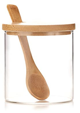 INCETUE 1pcs Condiment Pot, Seasoning Containers box, Glass Jar with Bamboo Lid, Cute Suger Bowl, Salt Container with Wooden Spoon, 10oz Spice Pepper Storage Canister for Kitchen and Home