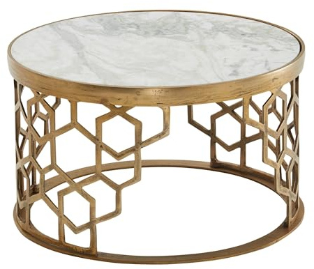 FineBuy Couchtisch Echter Marmor Weiß 60x60x36 cm Sofatisch Metall Gold, Design Wohnzimmertisch Rund, Kleiner Kaffeetisch Modern, Beistelltisch Anstelltisch Wohnzimmer