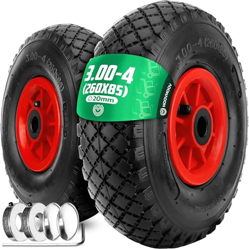 MOOVMOOV Ruedas Inflables 3.00-4 (260x85 mm) - para Carretilla, Carro, Carretón, etc. Rueda Completa: Neumático + Cámara de Aire con Válvula Acodada + Llanta de PVC Roja con Rodamientos de Rodillos