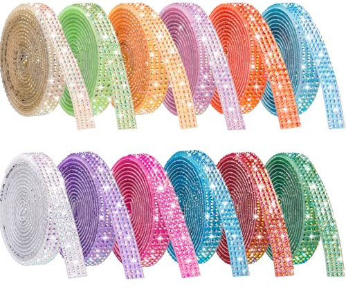 NiArt Self Adhesive Crystal Rhinestone Ribbon Set of 12 Colors, 12 Yards of Sparkling Decorative Ribbons, 0.39 Inch Width, Easy-to-Apply Adhesive Backing for DIY Crafts, Home Decor and Special Events