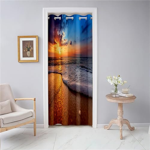 Odot Türvorhang Blickdicht mit Ösen, 3D Sonnenuntergang Meer Strand Druck Verdunkelung Isolierter Gardinen, Raumteiler Vorhang für Fenster Tür Schlafzimmer Schrank, Dekoration (120x200cm,Stil F)