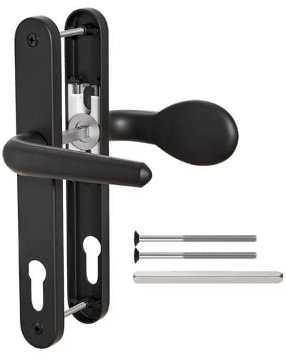 Bwintech 1 Stück Schwarz Aluminium UPVC Türgriff, Hebel/Pad Split Offset 92mm Dornmaß, 211mm Schraubenlochabstand, 243mm Plattenlänge Haustürgriffe für UPVC Tür