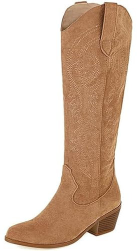 WEHAM Bestickte Westernstiefel für Damen, Cowboystiefel mit breitem Schaft und klobigem Absatz, modische rote und Schwarze Spitze Retrostiefel mit mittlerer Schafthöhe,Braun,41