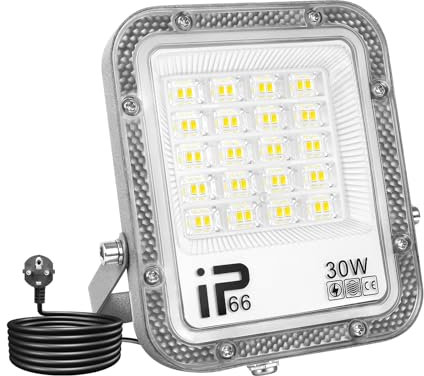 Willpower 2pcs LED Strahler Außen mit Stecker, LED Scheinwerfer 30W 3000LM Außenstrahler 6000K Kaltweiß Fluter Flutlicht Aussenlampe für Garten Garage Hinterhof, IP66 Wasserdicht