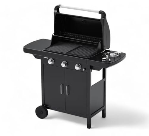 Briconess.com Barbacoa a gas de 3 quemadores, de acero, con ruedas, hornillo lateral y parrilla de hierro fundido esmaltado Compact EXS