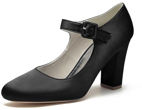 GYYZAYH Women's Satin Mary Jane Pumps Slip on Bridal Shoes with Strappy Round Toe Block Heels Wedding Pumps,Black,7 UK