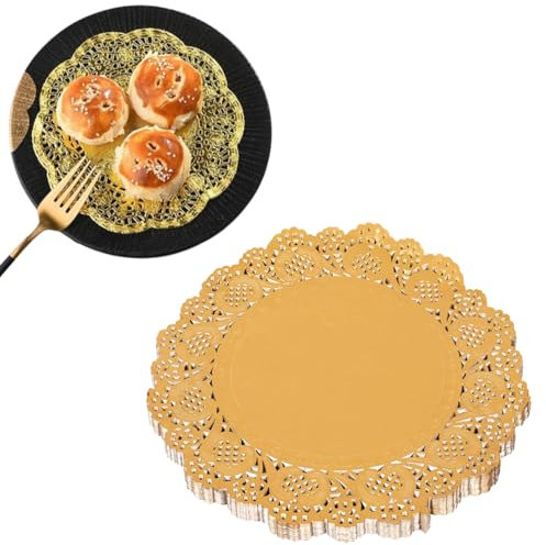 JchEnye Tortendekoration, runde Goldpapierblätter, Packung mit 100, 4,5 Zoll Papiertisch, ETS Lace Paper Leaves, Blätter für Tisch, Kuchen, Dessert, Party, Hochzeit, Geschirr, Weihnachtsdekoration.