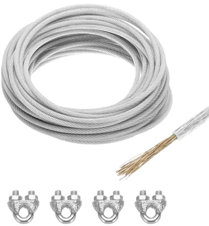 QUARKZMAN Cable de Acero Galvanizado Recubierto de Vinilo Transparente de 6 Mm (1/4 Pulgada), Cable de Acero Galvanizado de 15M / 49 Pies con 4 Bucles M6 para Colgar Luces