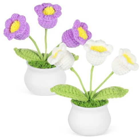 NOLITOY Handmade Knitted Lily of the Valley Flower Ornament 2 Pcs Crochet Artificial Flowers for Car Dashboard and Office Desk Decoration Home Simulated Bonsai Decor