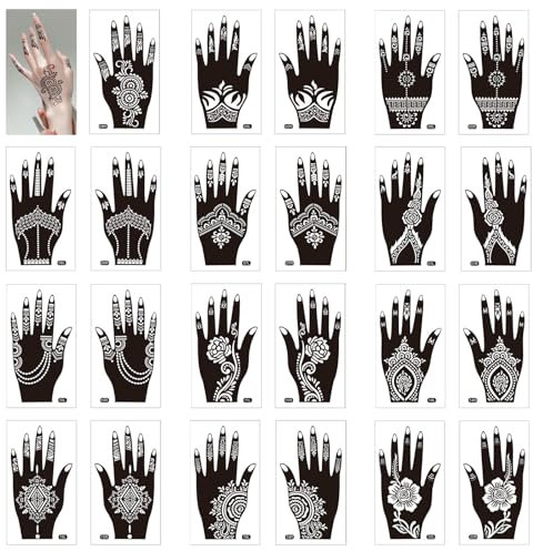 Henné - Set di 12 paia di stencil per tatuaggi riutilizzabili per mano e corpo, personalizzazione e tatuaggi delicati sulla pelle, per festival, performance, decorazioni per il corpo