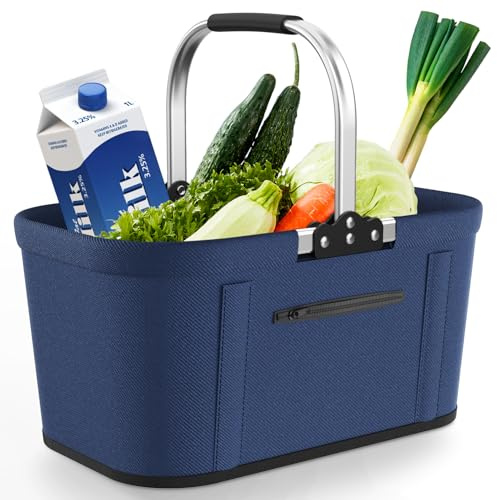 Yeabett 30 l, vikbar shoppingkorg med 4 stödstänger, blå | Robust bärkorg och picknickkorg | Stor hopfällbar korg | 46 x 27 x 25 cm | vadderade handtag | för shopping, resor, camping