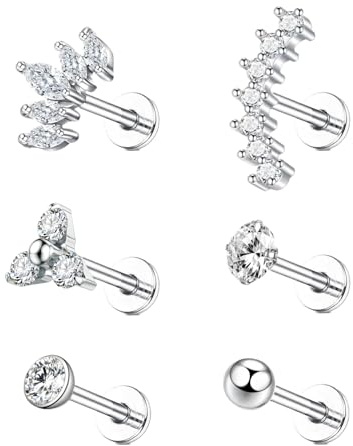sawyofu Tragus Labret Studs Piercing Jewellery 6PCS 16G Stainless Steel Labret Lip Bars CZ Flat Back Cartilage Earrings Helix Conch Lip Nose Ear Piercing Studs Jewellery For Women Men(6MM) (6mm)