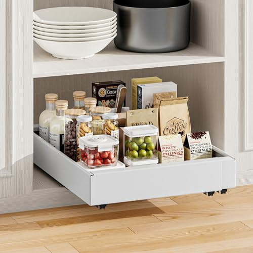 Warmiehomy Pull Out Cabinet Organiser Expandable Pull Out Kitchen Storage Width 30-52cm Adjustable Sliding Drawer for Cupboard, Pantry, Bathroom, No Need Drill and Nailing, White Sliding Shelf