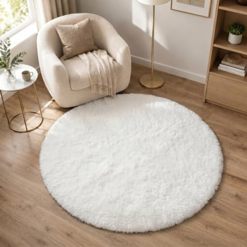 BEIMO Matta med lång lugg, mjuk vit vardagsrumsmatta, rund 120 cm, sovrumsmattor, halkfri sängmatta, mjuka halkfria mattor för barnrum