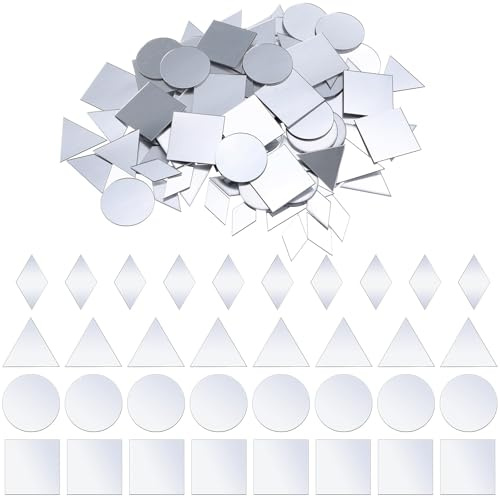 WJIAAA Piccoli specchi per fai da te, 120 pezzi, 4 forme, fai da te, a mosaico, autoadesivi, mini specchietti adesivi da incollare per piastrelle, pellicola a specchio per arte e parete, decorazione