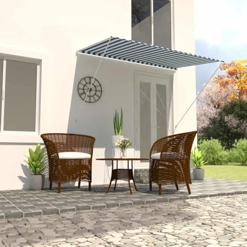 Mokuyary Infällbar markis 250 × 150 cm blå och vit klämmarkis balkongmarkis höjdjusterbar solskydd för fönster balkong terrass trädgård