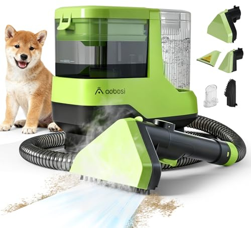 AAOBOSI Limpiador de alfombras y tapicerías a vapor 1800W 17 kPa – Indicaciones vocales, función de autolimpieza, 4 accesorios. Ideal para sofás, coches, alfombras y escaleras