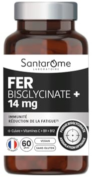Santarome - Fer Bisglycinate 14 mg – Immunité & Réduction de la Fatigue – Avec Cuivre, Vitamines C, B9 & B12 – Haute Assimilation – Vegan, Sans Gluten – 2 mois – Fabriqué en France