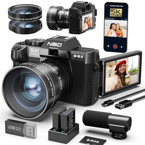 NBD 5K 64MP Digital Cameras for Photography - 16X Zoom with Autofocus, WiFi & App Control, Anti-Shake, 180° Flip Screen, Includes 64GB TF Card, 52mm Wide Angle and Macro Lens (Graphite)