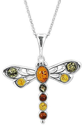 Kiara Jewellery Halskette mit Libellen-Anhänger aus 925er-Sterlingsilber, mit eingelegtem baltischem Bernstein an 45,7 cm langer Sterlingsilber-Kette., Sterling Silber, Bernstein
