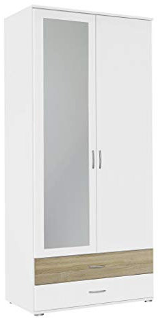Rauch Möbel Noosa Schrank Drehtürenschrank, Weiß/Eiche Sonoma, Holz, 2-türig mit Spiegel und 2 Schubladen, inkl. Zubehörpaket Basic 1 Kleiderstange, 1 Einlegeboden BxHxT 85x188x52 cm