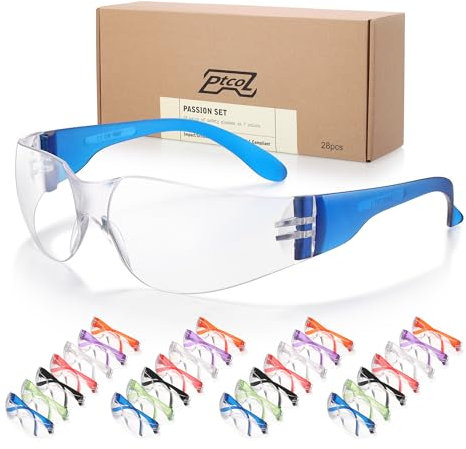 28 Pack Safety Glasses in 7 Colors (Bulk Pack of 24+4) Unisex Clear Anti-Scratch Protective Goggles Impact Resistant Lens Eyewear with ANSI Z87.1 EN166 for Construction, Shooting and Laboratory