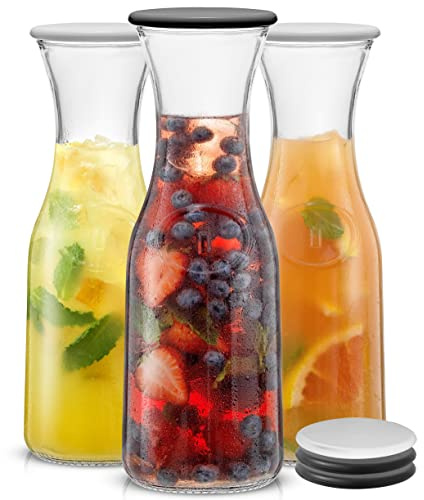 JoyJolt Glass Carafe with Lid, Set of 3 – 1 Liter Glass Pitcher for Mimosa Bar, Water, Iced Tea, Juice, Wine, Lemonade, Milk – Dishwasher Safe Beverage Drink Dispensers for Brunch, Parties