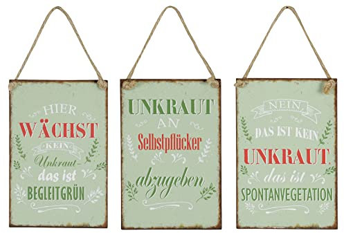 levandeo Juego de 3 carteles de chapa de 15 cm de altura, para jardín, decoración de pared, diseño de malas hierbas, estilo Shabby Chic