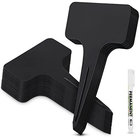 GeeRic Lot de 100 étiquettes en plastique de type T pour plantes - Étiquettes réutilisables pour le jardinage de légumes - Avec stylo de marque - Noir