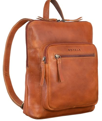 ROYALZ 'Carolina' Sac à dos de ville moderne en cuir pour femme de style vintage - Sac à main plat Sac de jour en cuir véritable, Couleur:Texas marron