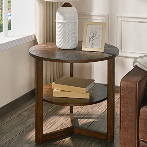 Large Round End Table with Storage Shelf, 25.2 Dia Rustic Beside Tables with Umbrella Top, Traditional Circular Sofa Side Table-,Telephone Table for Living Room Easy Assembly, Vintage Brown CJZ3338NC