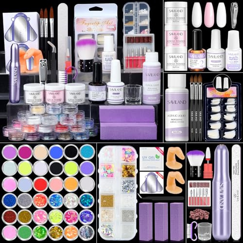 SAVILAND Acrylic Nail Kit Full Set for Beginners: Powder, Monomer, Drill, Primer, Top Gel Polish, Brush, Tools, 100 Tips - Practice Home Starter Set