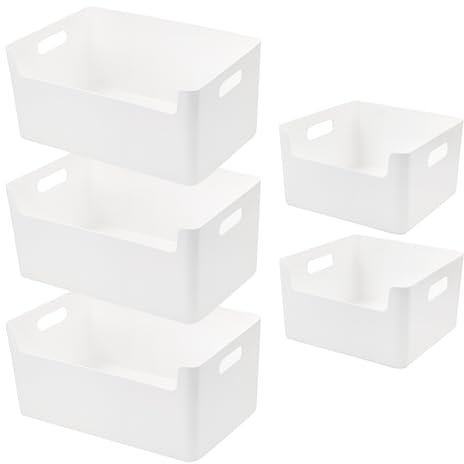 LYLIDIA 5 Stück Aufbewahrungsbox Küche Bad Körbe Kunststoff 30x21x15cm Niedrigeren Vorderseite Aufbewahrungsboxen Organisationsboxen mit Griffen Weiß Kisten Aufbewahrung Plastikbox Regal Schrank