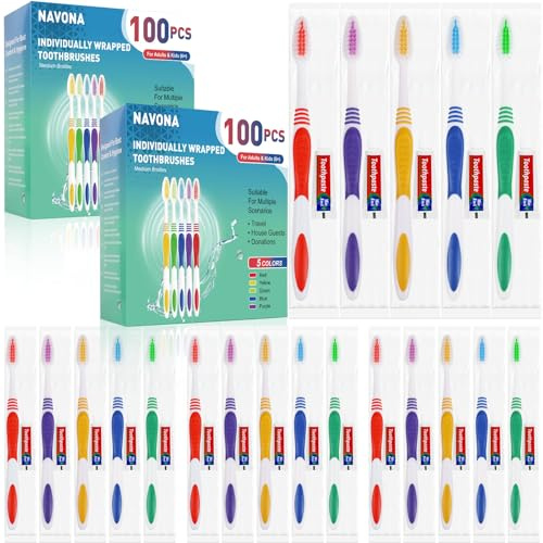Navona 200 PCS Disposable Toothbrush with Toothpaste Bulk, Travel Toothpaste, Bulk Toothpastes, Individually Wrapped Bulk Toothbrush, Ergonomics Handle,Medium Soft Bristle, Perfect for Travel, Hotel