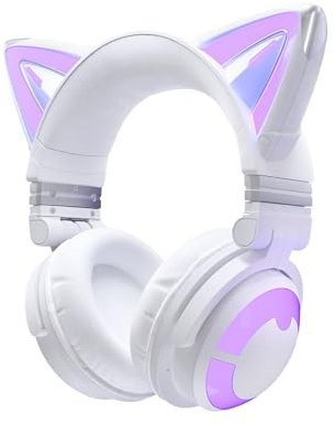 YOWU RGB Cat Ear Headphone Wireless 5.2 Foldable Gaming Headset with SoundMage Acoustic System, Built-in Mic & Customizable Lighting and Effect via APP, Designed for Gamer Girls (CE, White)